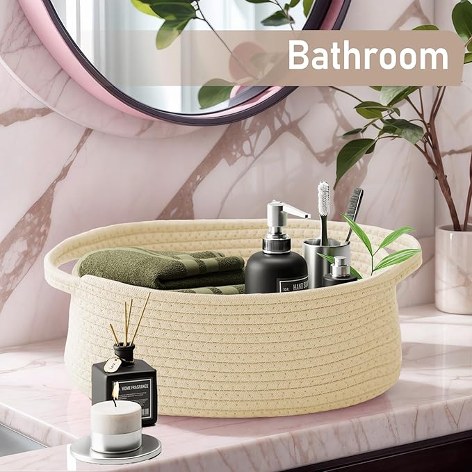 JMvicyroam Woven Basket,Small Rope Storage Bin with Handles & Ribbon Bag, Organizer for Shelves Closets,Gift Basket Empty for Birthday,Books,Dog Toys,Beige/3 Pack
