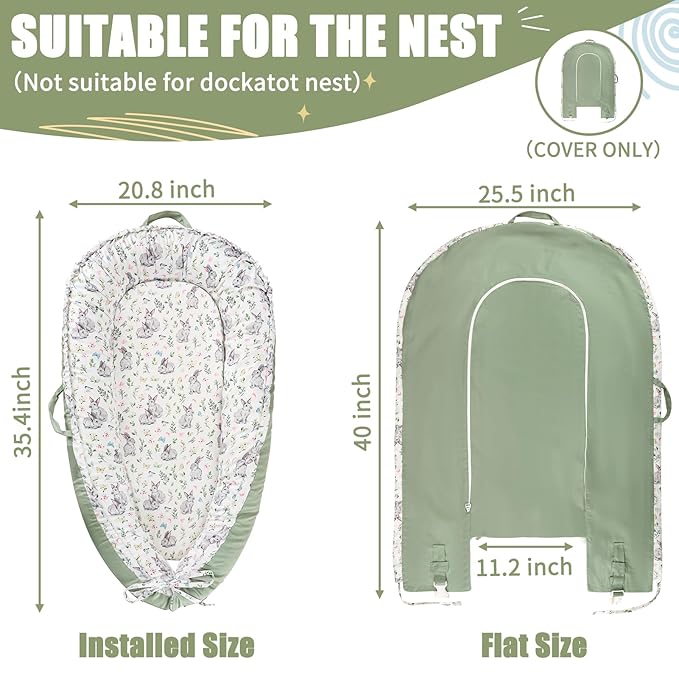 Jundetye Baby Lounger Cover for Boys Girls, Reversible Baby Nest Cover, Adjustable Baby Lounger Replaceable Cover for Infant Newborn, Portable and Machine Washable, Cotton Green Rabbit Cover