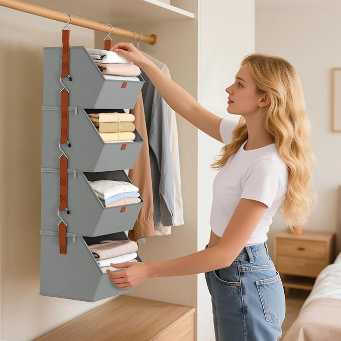 Homsorout Hanging Closet Organizer 4 Tier - Clothes Hanging Shelves, Space-Saving Closet System, Fabric Storage Bins Bedroom Organization, Collapsible Baskets for Home, Dorm, Rv, Grey