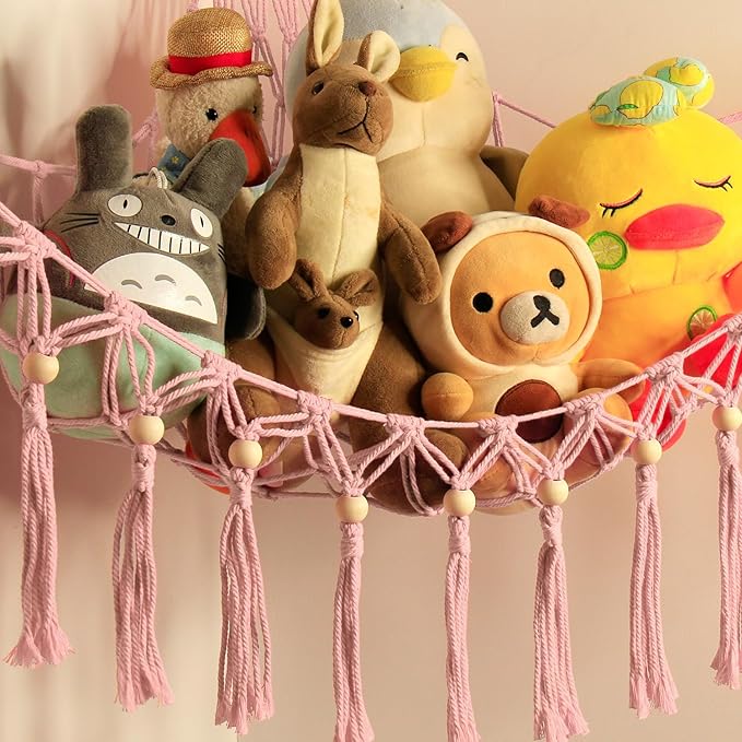 Stuffed Animal Toy Storage Hammock with LED Light - Macrame Jumbo Doll Corner Stuff Animals Organizer Decorations - Cute Hanging Plushie Net Kids Baby Nursery Bedroom Room Decor