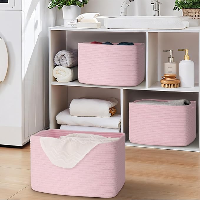 Degeyoyo Woven Storage Baskets, Pink Baskets for Organizing, 3 Pack Woven Basket for Storage, Storage Baskets for Shelf, Towel, Toy, Book, Closet, Baby 15"×10"×9"