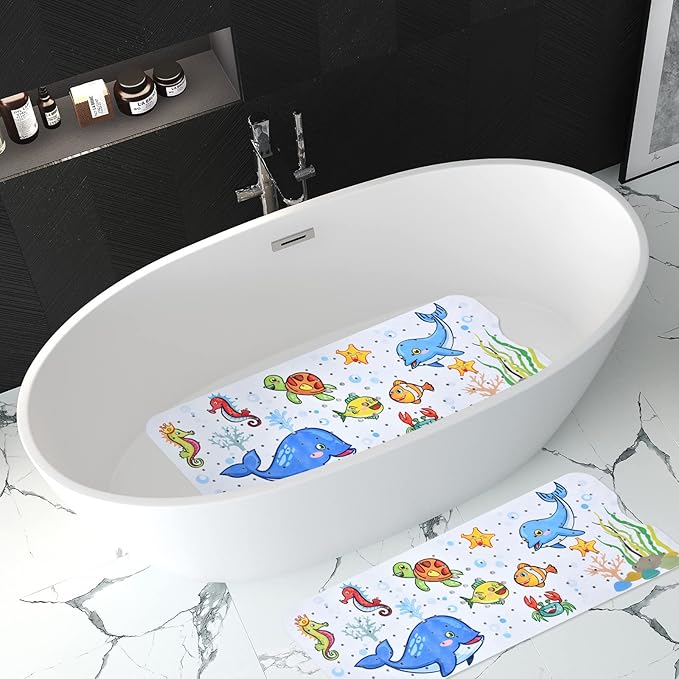 Tubozadi Baby Bath Mat for Tub Kids Non Slip Bathtub Mats Baby Extra Long 40X16 Inch Bathroom Toddler Anti Slip Shower Mat with Suction Cups & Drain Holes,Machine Washable,Whale