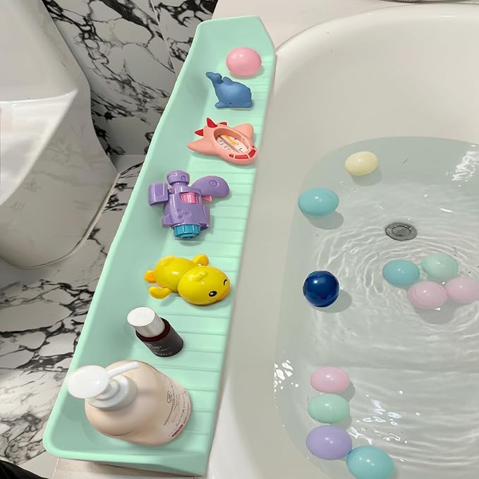 31.5" Bathtub Splash Guard for Kids & Toddlers - Silicone Play Shelf & Toy Storage Tray with Strong Suction Cups to Prevent Water Spills, No-Leak Fun Bath Time - Tub Toy Holder Ledge,Green