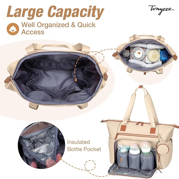Tonyeee Diaper Bag Tote, Large Baby Diaper Bags Waterproof, Hospital Bag for Labor Delivery with Pacifier Case, Changing Pad, Shoulder Strap, khaki