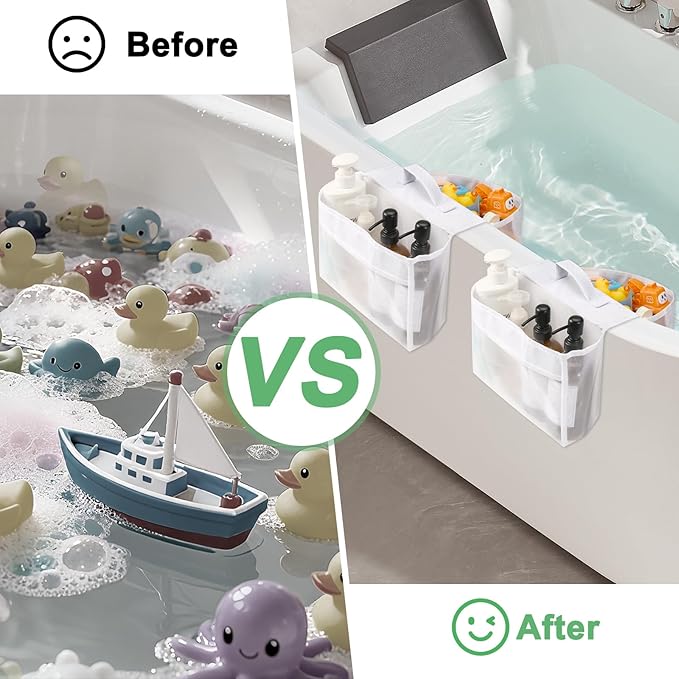 2 Pack Bath Tub Toy Storage Organizer,Baby Bath Tub Toys Storage,Saddle Shape 2 Compartments Mesh Shower Toy Holder (White)