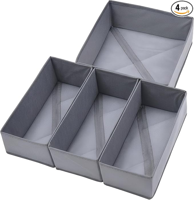 Foldable Fabric Drawer Organizer Set 4 Pack Dresser Dividers - Sock Underwear Storage Bins Gray