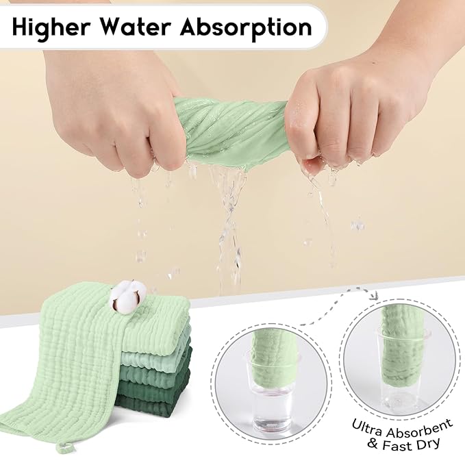 Muslin Burp Cloths for Baby 100% Cotton Burping Cloths for Boys Girls Large 20"X10" Extra Soft and Absorbent 5 Pack - Gradient Green