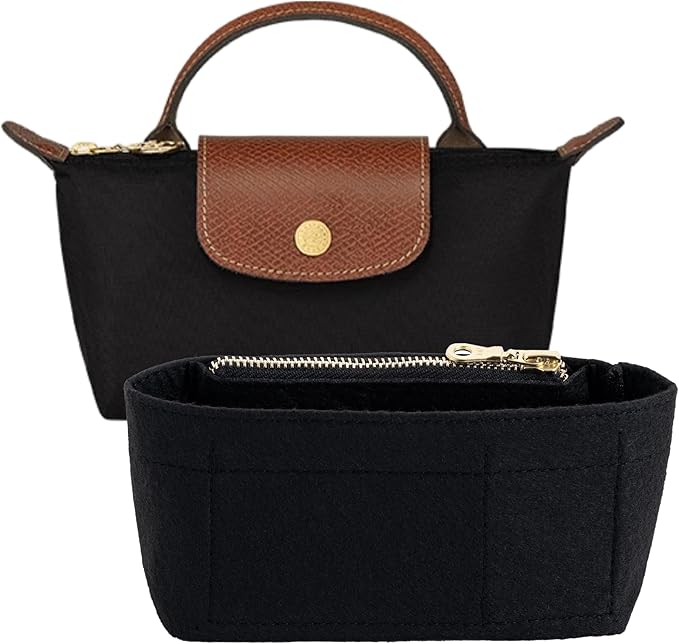 Mini Purse Organizer Insert for Longchamp Le Pliage Small Tote – Felt Inner Bag Liner with Zipper Pocket, Lightweight Storage for Mini Handbags, Black