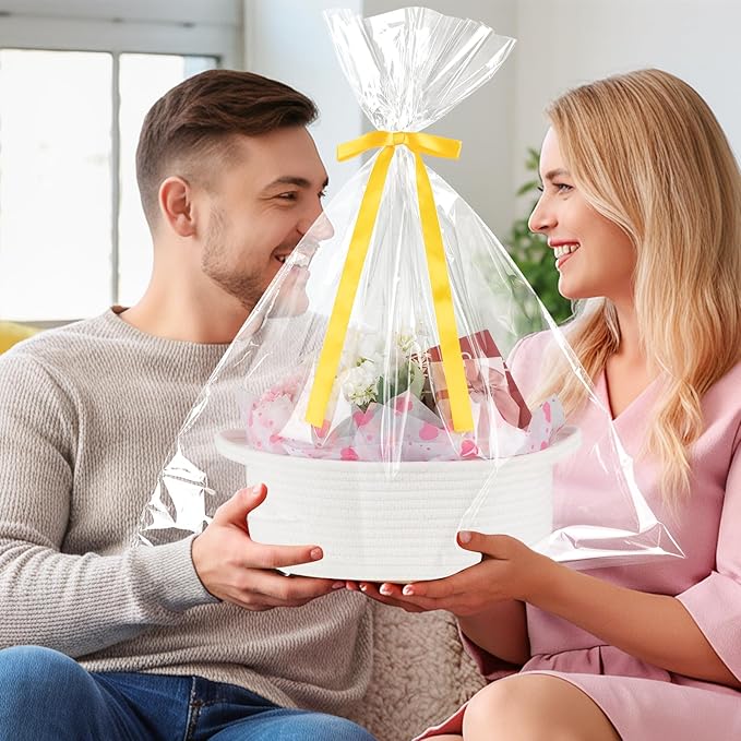 OIAHOMY Gift Basket with Handle, Valentine's Day Woven Basket with Gift Bag, Ribbon and Wrap Tissue Paper, Nursery Bins Empty to Fill with Small Items, Baby, Pet Toy Organiser - Valentine's White