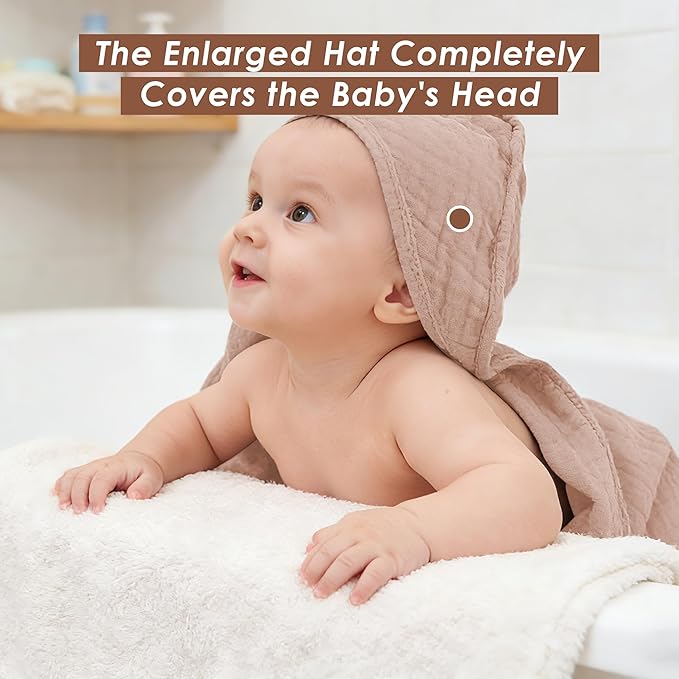 3-Pack Muslin Hooded Baby Towels, 100% Cotton, Ultra-Soft & Absorbent Baby Bath Towels with Hood for Babies, Infant, Toddler and Newbron (Bean Paste Series,32" x 32")