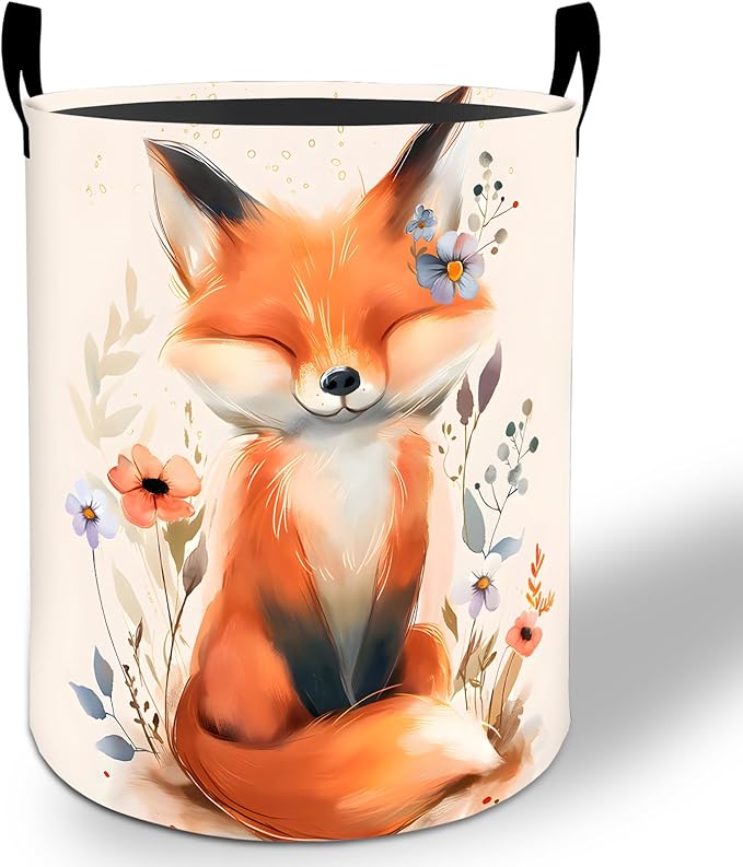 Fox Laundry Basket Hamper 19.7"x15.8", Cute Animal Foldable Waterproof Oxford Clothes Storage Bucket for Room Bathroom Bedroom Nursery Decor, Toy Organizer Bins Gifts for Kids Boys Girls