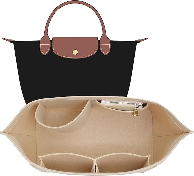 Felt Purse Organizer Insert Compatible with Longchamp Le Pliage S Hangbag, Zipper Long Champ Small Handbag Organizer with Cup Holder, 7 Compartments Bag Insert(Beige,S)