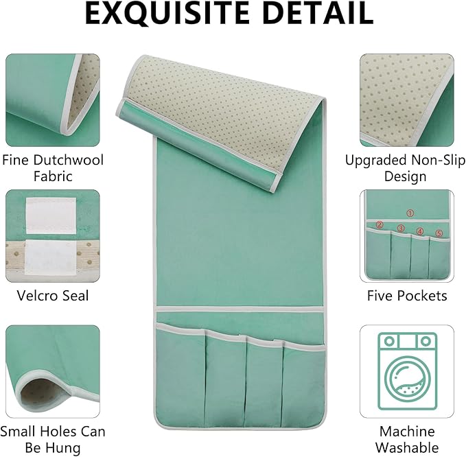 Remote Control Holder for Armchair Caddy, Couch TV Remote Holder for Bed Storage 5 Pockets，Remote Caddy Bedside Organizer Bedside Table Organizer (MintGreen, 35"x12.4")