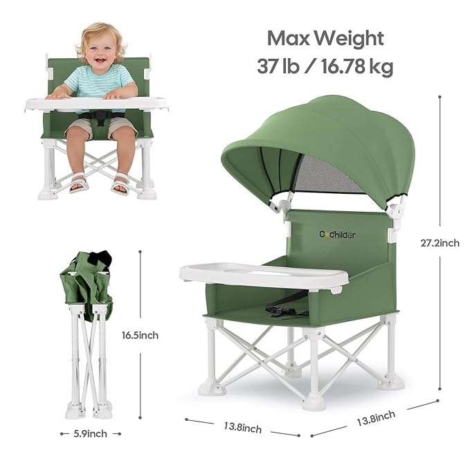Cochildor 4-in-1 Portable Baby Chair, Foldable Toddler Booster Seat with Removable Tray, Canopy & Safety Harness, Green