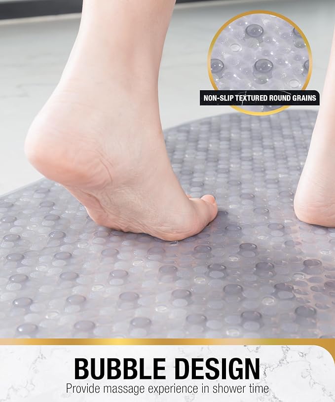 HITSLAM Bathtub Mat Non Slip, 35x16 Inch Bubble Oval Bath Tub Mat for Bathroom, Machine Washable Shower Mat with Suction Cups and Drain Holes, Grey