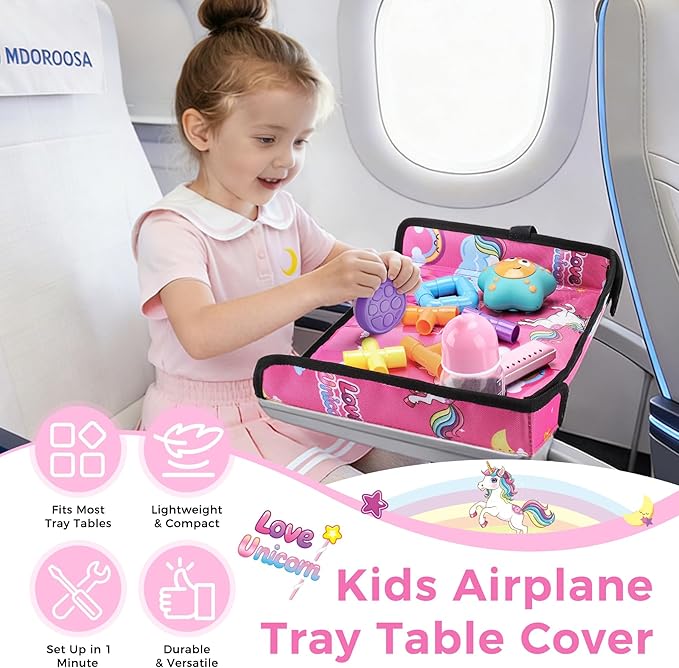 COOLBEBE Airplane Tray Table Cover, Foldable Travel Tray Cover for Toddlers 1-3, Universal Fit for Airplane, Car Seat, High Chair, Machine Washable, Portable, Pink Unicorn