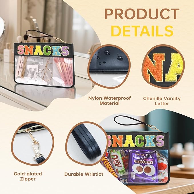 Snacks Bag Clear Chenille Varsity Letter Zipper Pouch Travel Makeup Bag Aesthetic Storage Organizer Pouches for Women with Glitter Patch Letters (Black-Snacks)