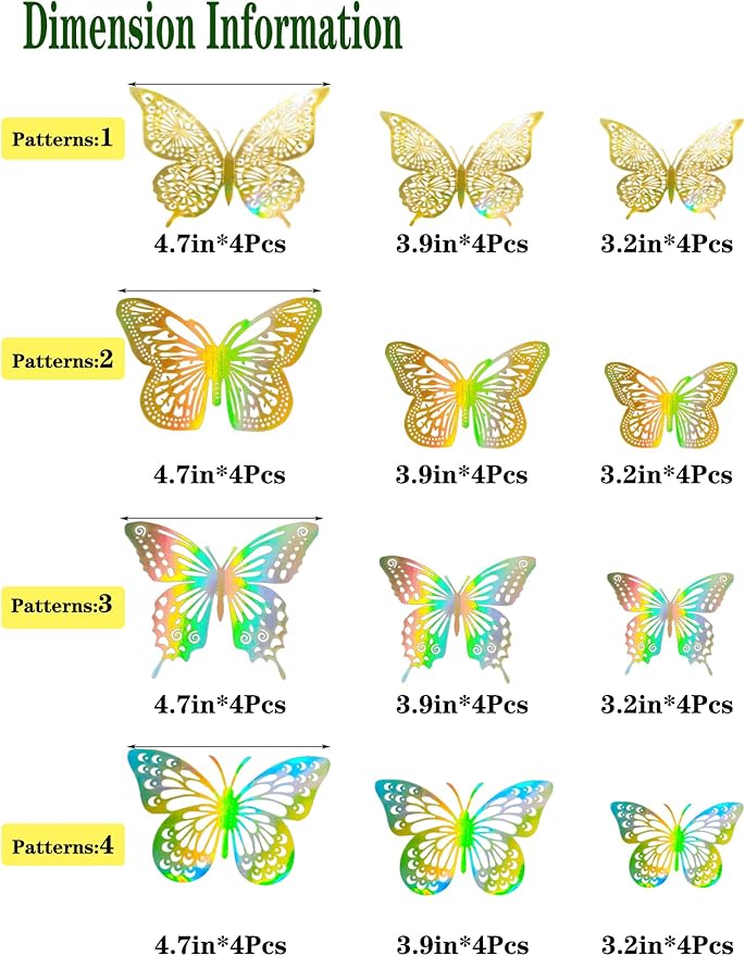 JOSDIOX 3D Laser Gold Butterfly Wall Stickers - 48 Pcs with 4 Styles & 3 Sizes, Removable Decor for Party Birthday Wedding Cake Balloon Decoration (48 Laser Gold)