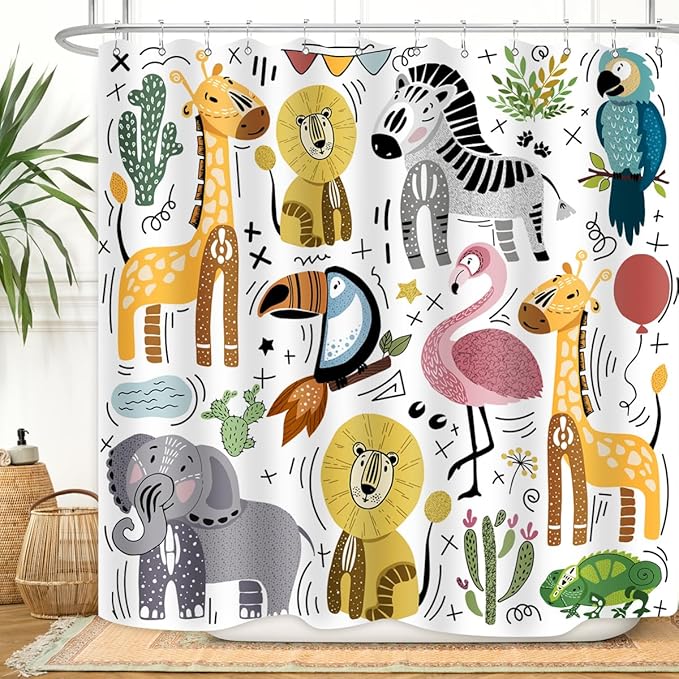 Cute Animal Shower Curtain Wildlife Lion Zebra Elephant Chameleon Flamingo Giraffe Home Bathroom Decor Waterproof Fabric 72Lx72W Inch with Plastic 12PCS Hooks