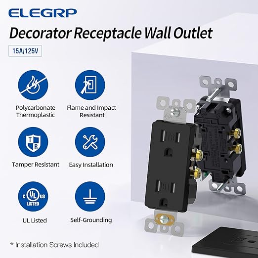 ELEGRP Matte Black Decorator Wall Receptacle Outlets, Tamper Resistant 15 Amp, Standard Electrical Wall Outlet, Residential Grade, Self-grounding, 125V, 2 Pole 3 Wire, 5-15R, UL Listed, 50 Pack