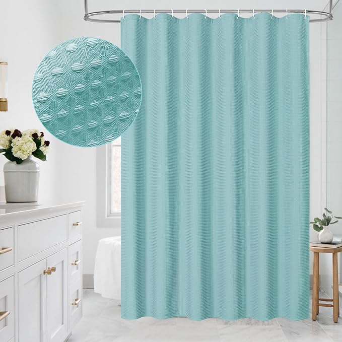 MitoVilla Teal Waffle Fabric Shower Curtain, Turquoise Waffle Weave Textured Shower Curtains for Modern Luxury Bathroom Decor, Aqua Blue Heavy Duty Spa Hotel Shower Curtain, 72 x 72