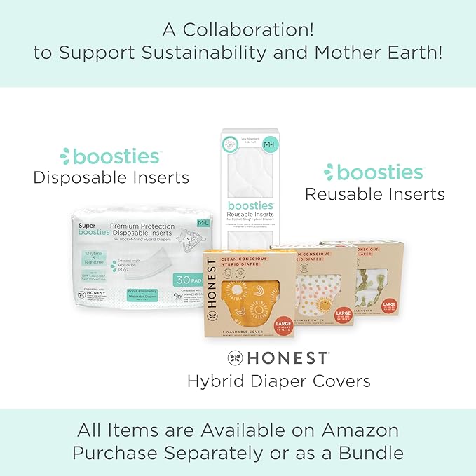 Overnight Diaper Leak Stopper, Super Boosties Disposable Inserts, Use with Pampers Sizes 4-6, Honest Hybrid Diaper Cover Sz Med/Large, Amazing Baby Cover Sz 3/4, 4.3x13 in, 90 Count