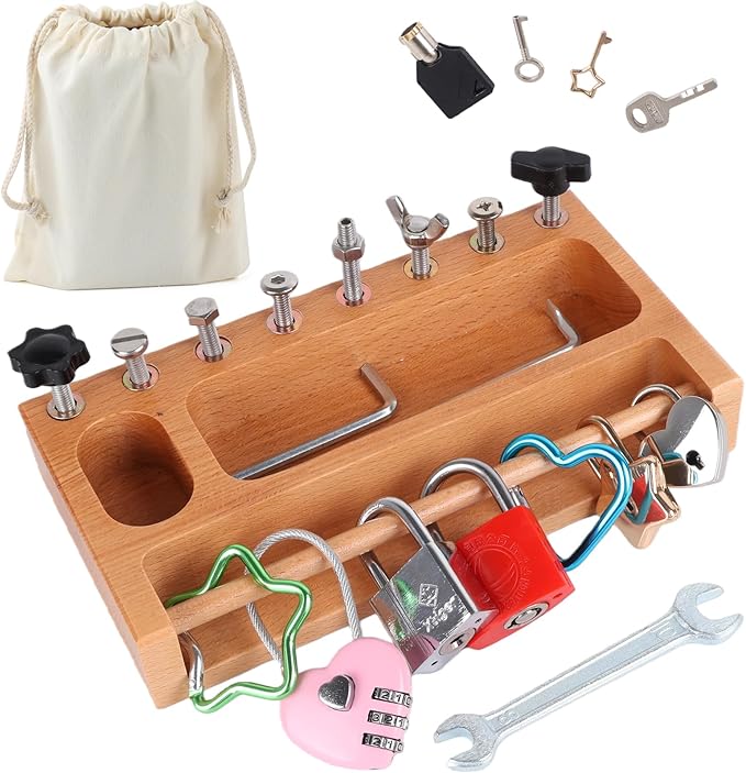 TOUHKAN Montessori Busy Board Kids Tool Set, Montessori Screwdriver Board Lock and Key Toy, Sensory Toys for Kids with Autism, Sensory Bin Fine Motor STEM Quiet Fidget Toys for Toddlers 3 4 5