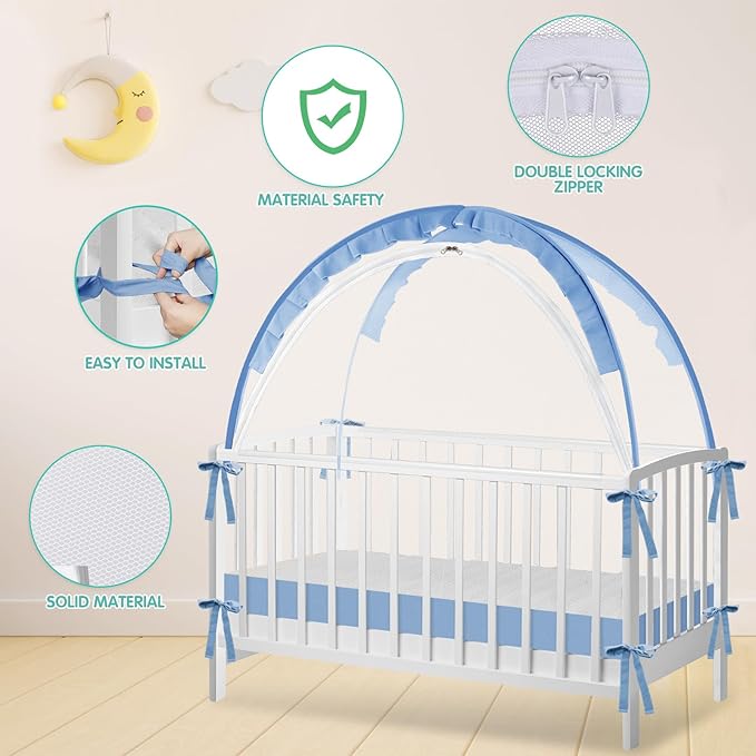 Crib Tent - Crib Net to Keep Baby in, Stop Baby from Climbing Out of Crib, Pop Up Crib Tent with Durable Breathable Net Double Zipper Strong Rods Installation Convenience