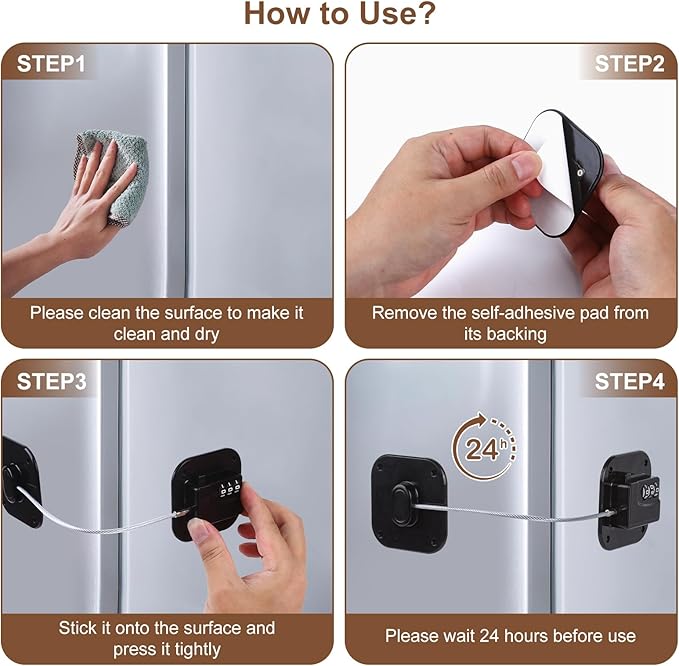 Fridge Locks, 2 Pack Refrigerator Locks with Combination, Refrigerator Lock with Adhesive, Cabinet Lock with Code for Child Safety, Freezer Cabinet Pantry Drawer Latch to Keep Door Closed, Black