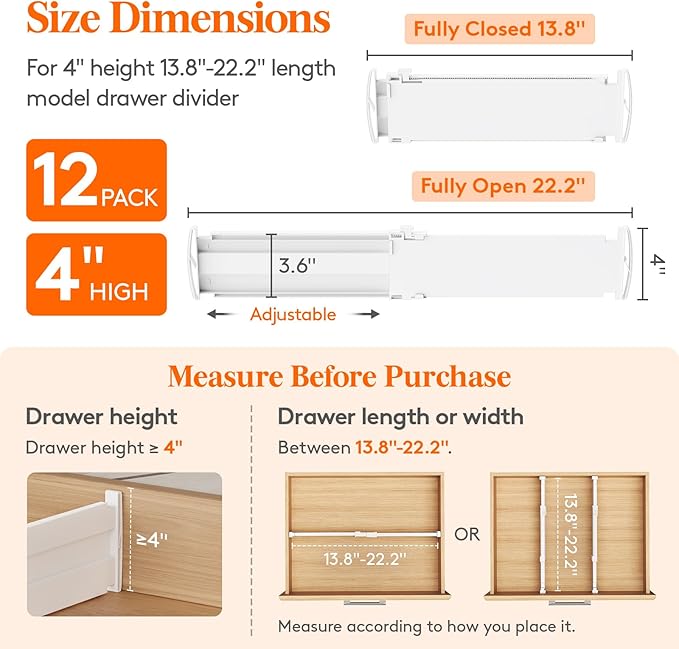 Lifewit 4" High 12 Pack Drawer Dividers, 35 –55cm/13.8-22.5" Drawer Divider for Clothes, Adjustable Dresser Drawer Organizers, Plastic Drawers Separators for Clothes Bedroom Bathroom Kitchen Office