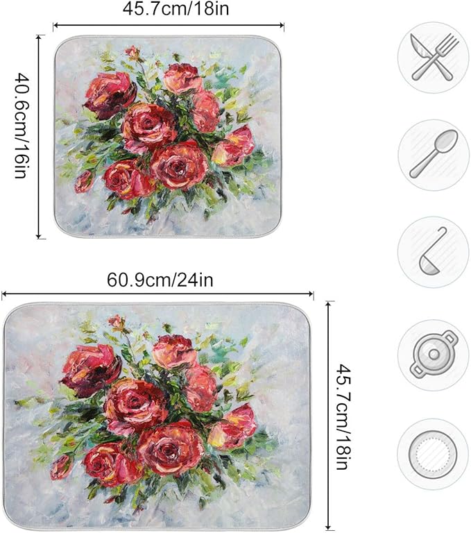 Absorbent Dish Drying Mat for Kitchen Counter - Red Rose Oil Painting Microfiber Drying Pad, Reversible Drainer Mats for Countertop, Small 16" x 18"