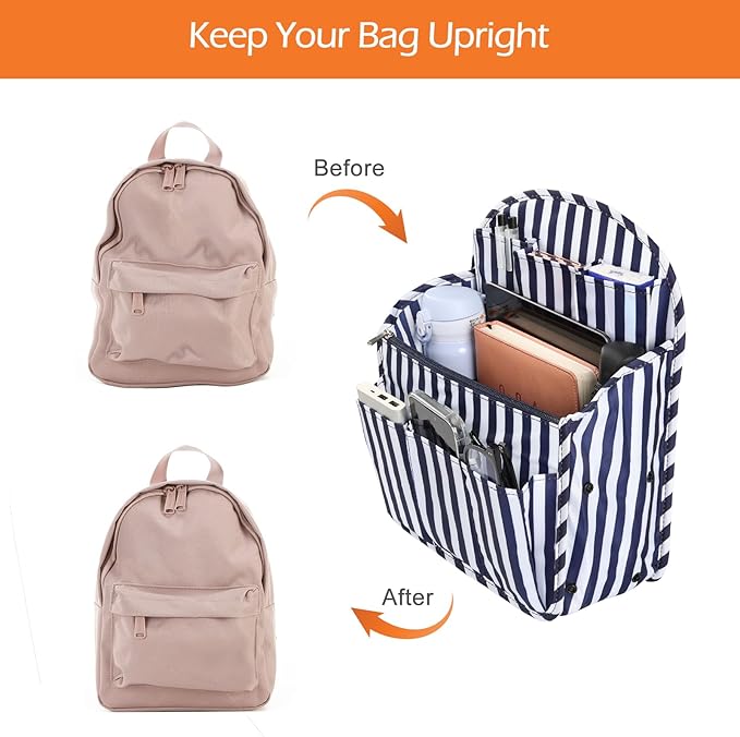 Surblue Backpack Organizer Insert Liner Hanging Travel Rucksack Purse and Handbag Insert Pocket, High-capacity Divider Foldable Nylon Shoulder Bag Organizer for Men and Women, (NavyStripes, L)