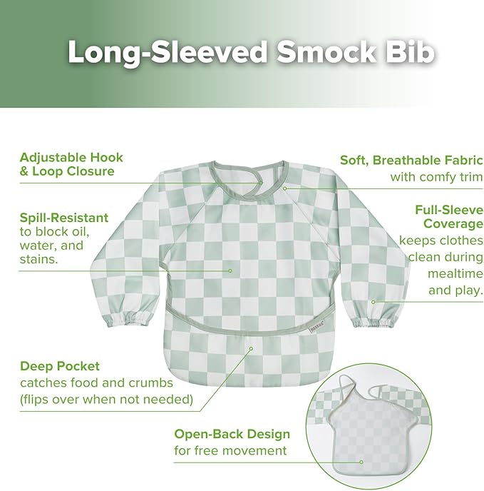 haakaa Long Sleeve Baby Bib, Waterproof & Adjustable Baby Smock Bib for Eating, Painting & Play, Easy Wipe Clean, 6–24M