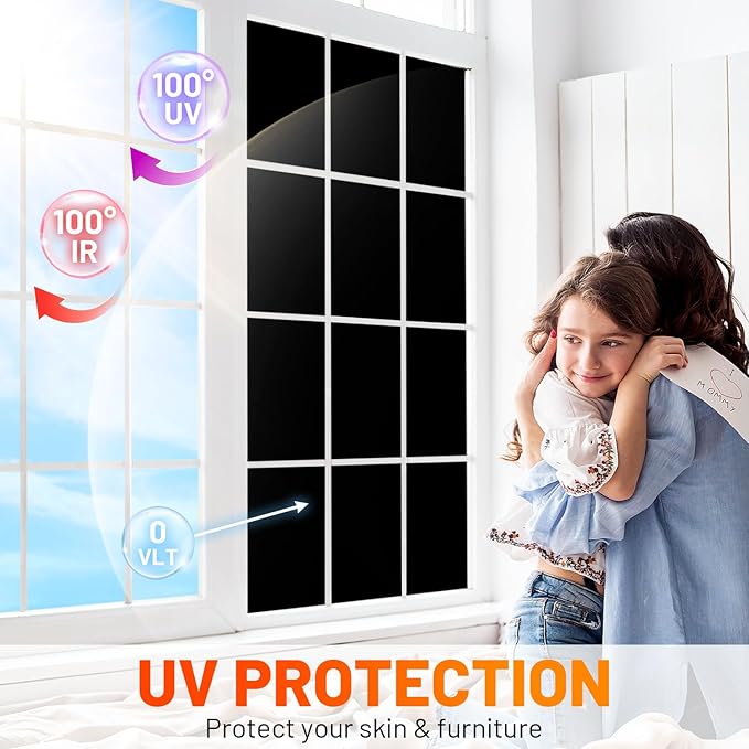 Privacy Window Film Total Blackout Cover, 100% Light Blocking Window Tint Static Cling Sun Blocking Heat Control, Anti UV Scratch Resistant for Home Office (Black, 24in x 6.5ft)