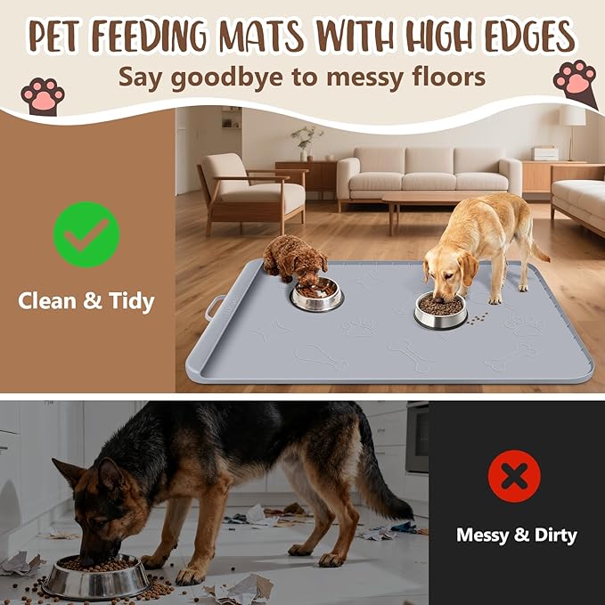 Bartuke Dog Food Mat with Collection Pocket, 42''x28'' Extra Large Silicone Pet Feeding Mat for Food and Water, Waterproof Anti-Slip Dog Mat with Edge and Handle, Pet Placement for Floor(Light Grey)