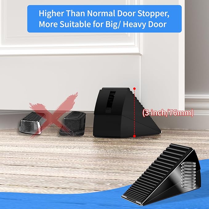 2 Pack Strongest Heavy Duty Door Stopper Wedge - Spring Large Door Stoppers, Tall Door Stoppers for Bottom of Doors, Metal Door Stop 3 Inches High, Non-Slip Rubber Doorstop, Suits Carpet, Tile, Wood