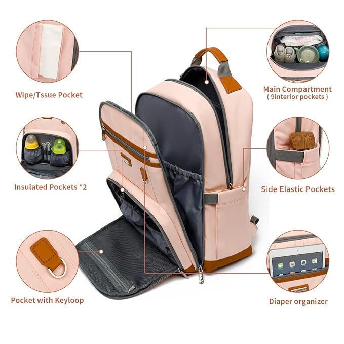 BILLITON MASHI Diaper Bag Backpack, Large Baby Nappy Bags with Portable Changing Pad for Boys and GirlsMultifunction Travel Baby Bag for Moms Dads, Shower Gifts Waterproof and Stylish，Light Powder