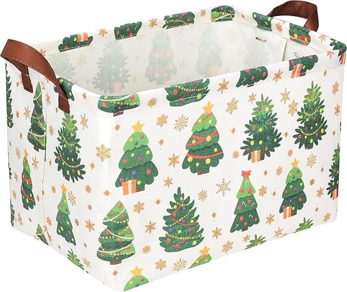 HKEC Rectangle Christmas Basket,Candy Storage Basket with Handles,Kids Gift Storage Box,Cute Canvas Organizer Bin for Pet,Books Basket,Toys Bin,Gift Baskets(Christmas Tree)