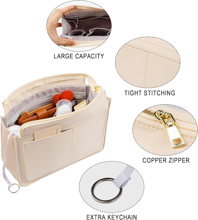 Vercord Purse Organizer Insert with Zipper for Women Hobo Handbags Shaper Insert 12 Pockets Bag Beige X Large