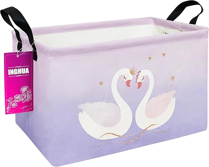 INGHUA Rectangular Storage Basket Fabric Organizer Bin for Toys,Books,Clothes,Gifts,Pets-Perfect for Home,Office,Nursery,Dorm,Shelf(Rec-Love Swans )