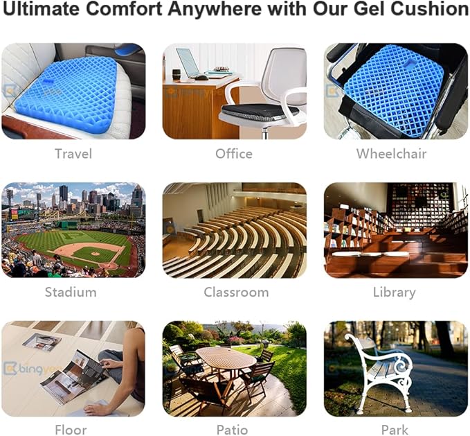 bingyee Gel Seat Cushion 1.8 Inch Thick Seating Pad Orthopedic Chair Cushions for Pressure Relief Gel Pads for Office Chair, Car, Home, Wheelchair, Kayak Cushion, Stadium Cushion