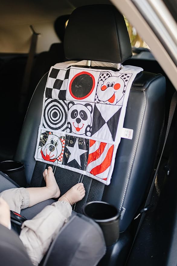Car Toys for Babies - Infant Car Seat Toy with High Contrast Colors, Reversible Design, Baby Safe Mirror and Storage Pocket - Easy to Attach and Clean, Infant Carseat Toy