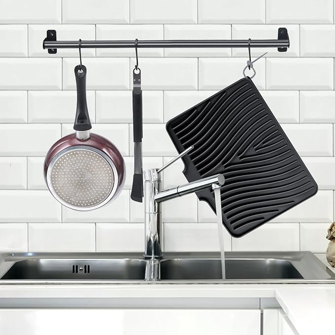 Silicone Dish Drying Mat, Stone Drying Mat for Kitchen Counter with Built-In Drain, Non-Slip Drain Pad with Built-in Drain, Heat Resistant Stone Drying Mat, 1Pcs Black(20" x 15")