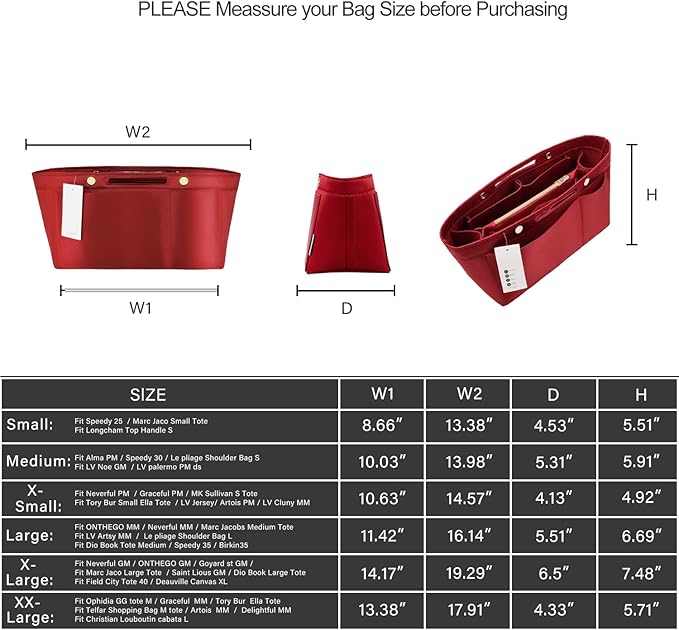 ZTUJO Purse Organizer Insert For Handbags, Silky Bag Organizer With 2 Zippers For Speedy Neverful Tote and More (Red, X-Small)