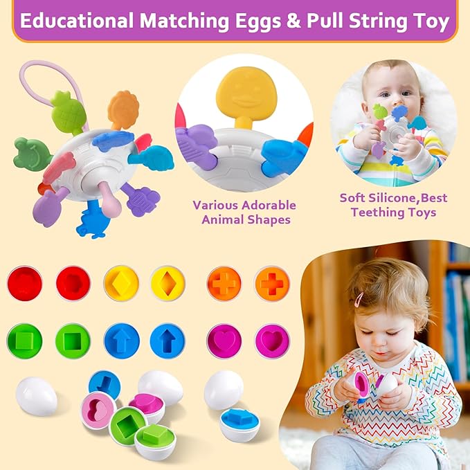 Weilim Baby Toys for 6 to 12 Months, Montessori Sensory Bins & Teething Toys, 6 in 1 Stacking Blocks, Rings, Eggs, Spinner, Crab Shape, 27 Pieces, Ages 6-36 Months