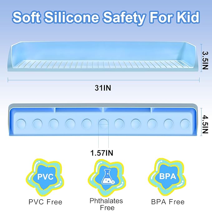 31IN Silicone Bathtub Splash Guard for Kids, Strong Suction Cups Tub Topper & Bath Toy Holder, Bath Tray Play Shelf & Bathroom Toy Storage, Kids Bathroom Accessories, Prevents Water Spills
