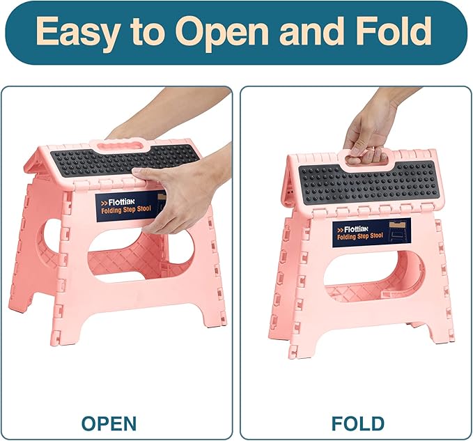 Flottian 11" Folding Step Stool for Adults and Kids Holds Up to 300 lbs,Non-Slip Folding Stools with Portable Handle, Compact Plastic Foldable Step Stool for Bathroom,Bedroom, Kitchen Sakura Pink