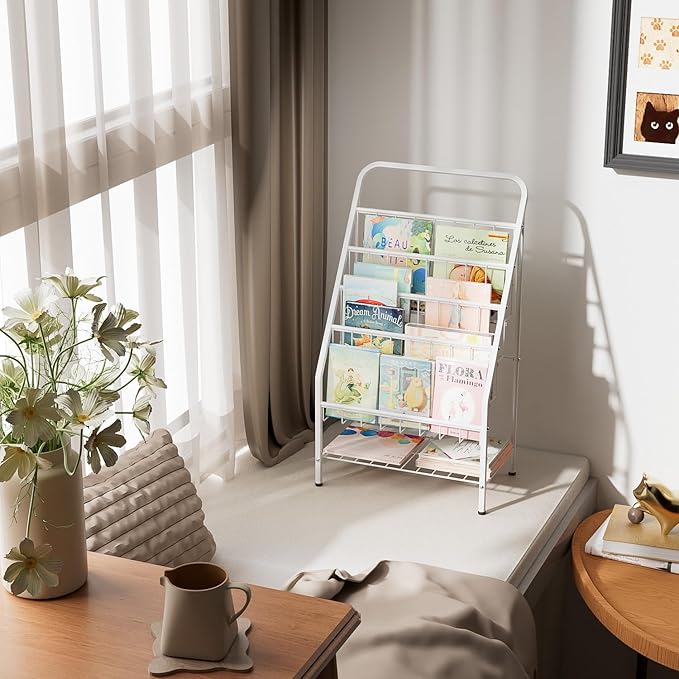 JAQ Kids Bookshelf, 4-Tier Metal Sling Kid Display Bookshelves Bookcase with Toy Storage in Baby Library Room Classroom Playroom for Toddlers Nursery Children (4-tier/28.35inch, White)