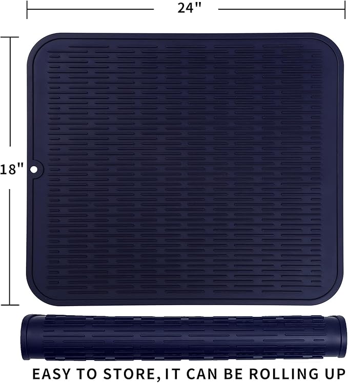 MicoYang Silicone Dish Drying Mat for Multiple Usage,Easy clean,Eco-friendly,Heat-resistant Silicone Mat for Kitchen Counter or Sink,Refrigerator or Drawer Liner Navy Blue 2XL 24 inches x 18 inches