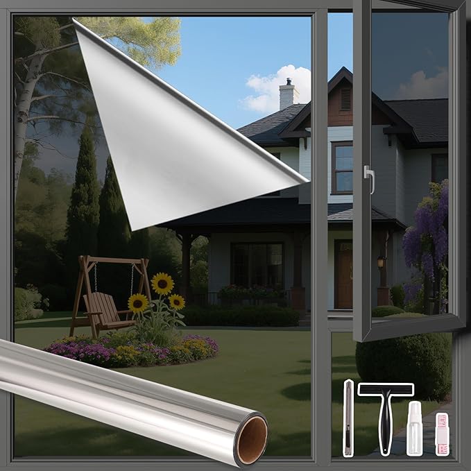 Finnez One Way Privacy Window Film Reflective Mirror Home Window Tint Film Heat Blocking No Glue Static Cling See Out Not in Glass Door Covering (Black Silver,35.4 Inch X 13.1 Feet)